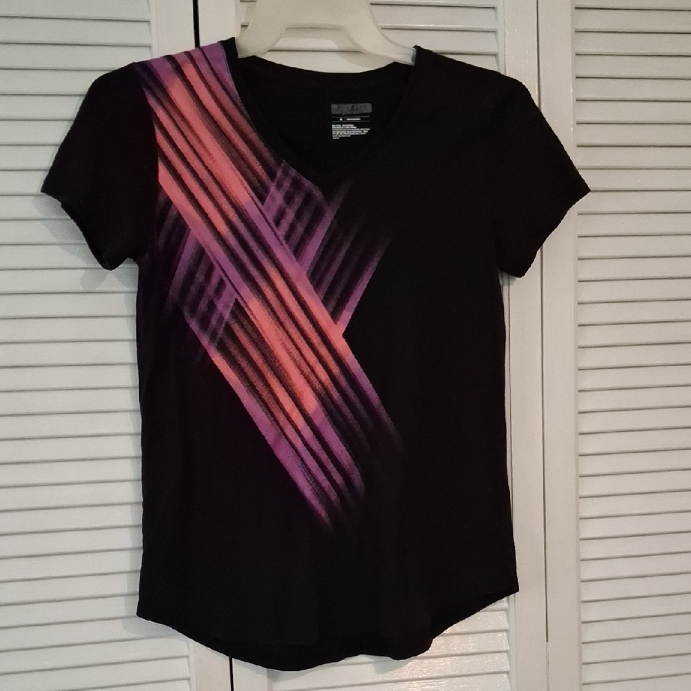 Women's Black and Pink V-Neck Top